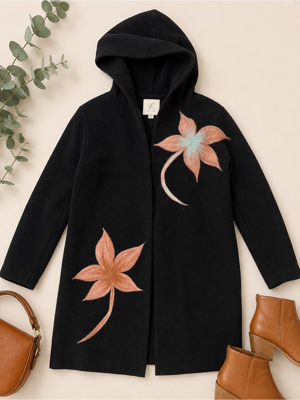 Sioni Black Hooded Cardigan with Coral Floral Appliqué